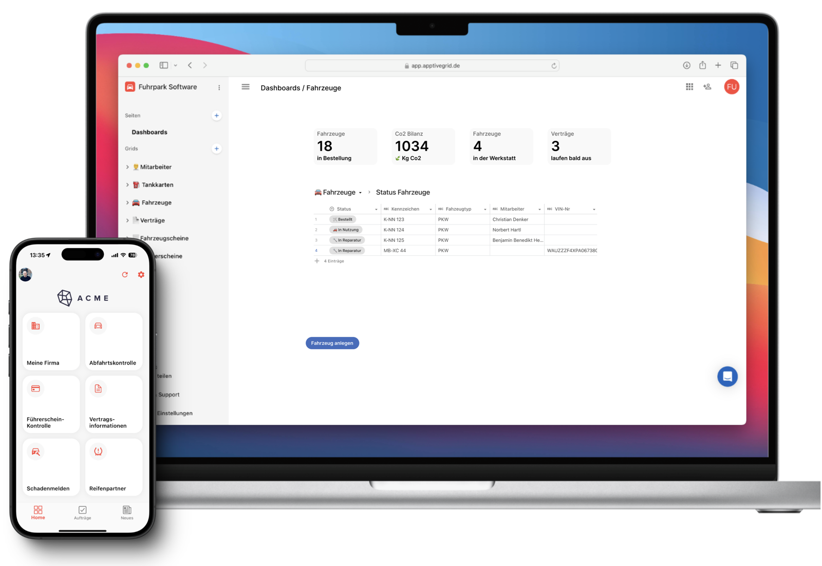 ApptiveFleet: Fuhrpark-Dashboard im Browser und mobile Ansicht für Fahrer auf dem Smartphone