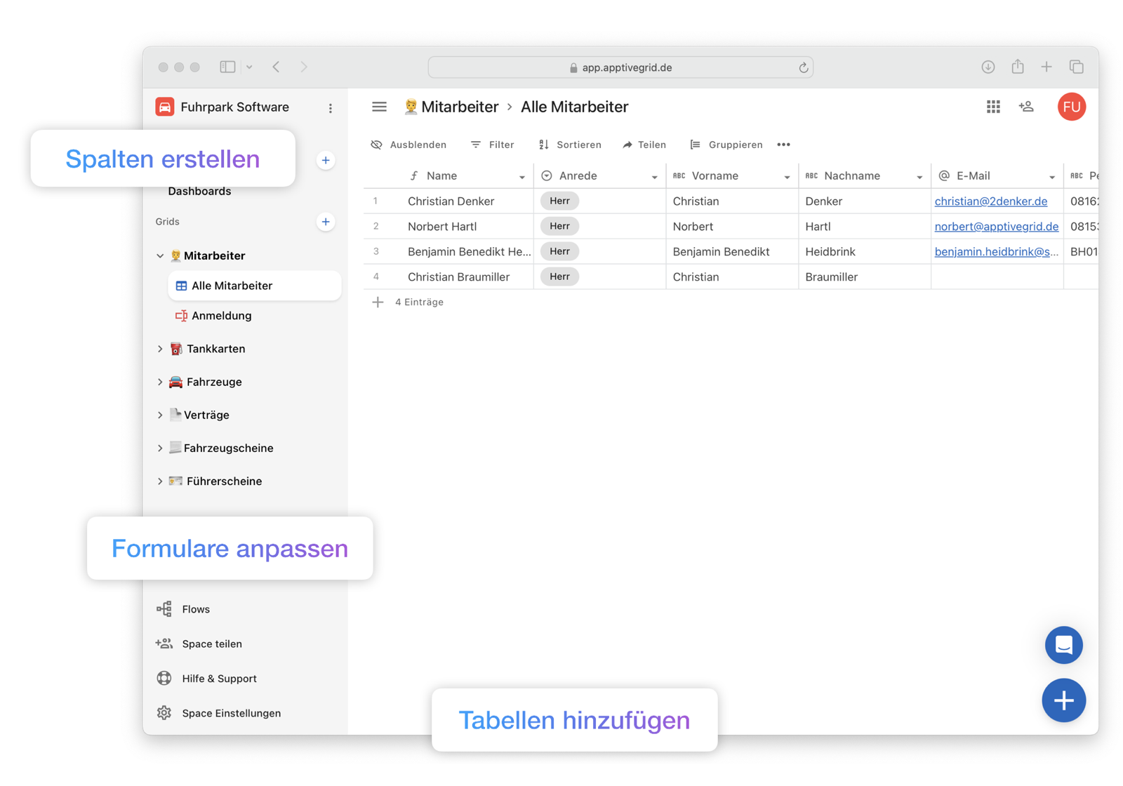 Fahrzeugdatenbank in ApptiveFleet mit Status, Kennzeichen und Fahrzeugtyp